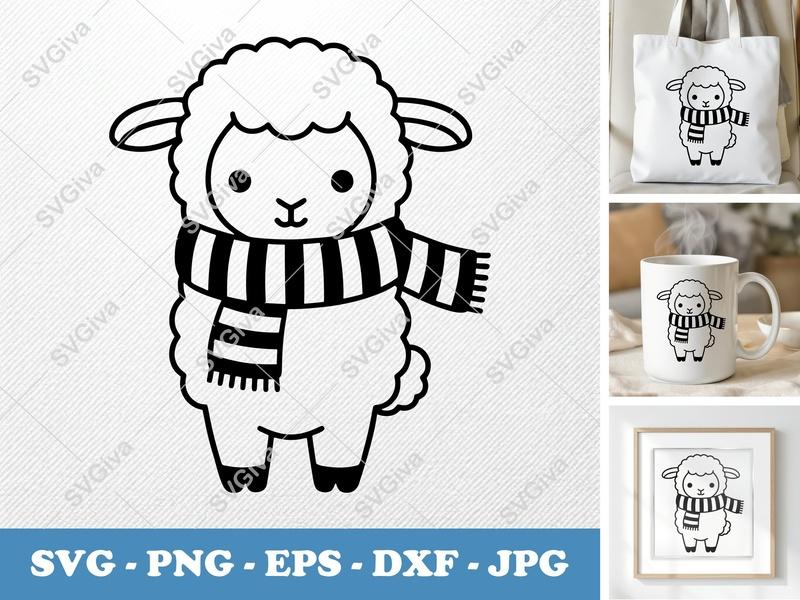 Lamb SVG | Cute Sheep with Scarf Clipart | Modern Animal Outline Cut File for Cricut, Silhouette | PNG EPS DXF
