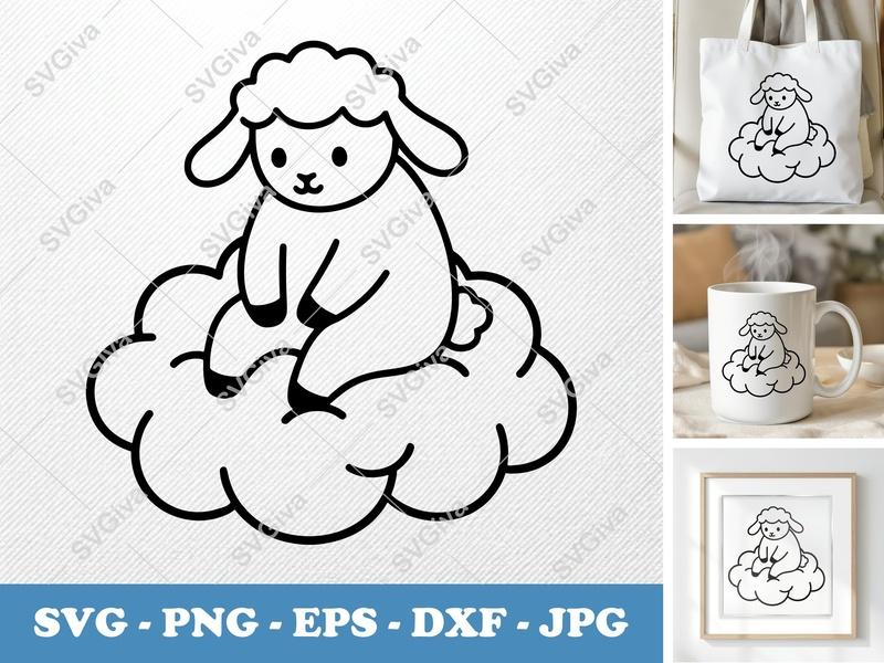 Lamb SVG on Cloud | Cute Animal Clip Art | Modern Outline Design | PNG EPS DXF for Cricut Silhouette