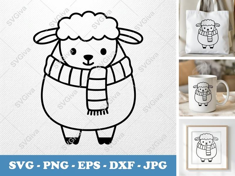 Lamb SVG, Rounded Bean-shaped Friendly Lamb with Scarf | PNG DXF EPS | Cricut Silhouette File