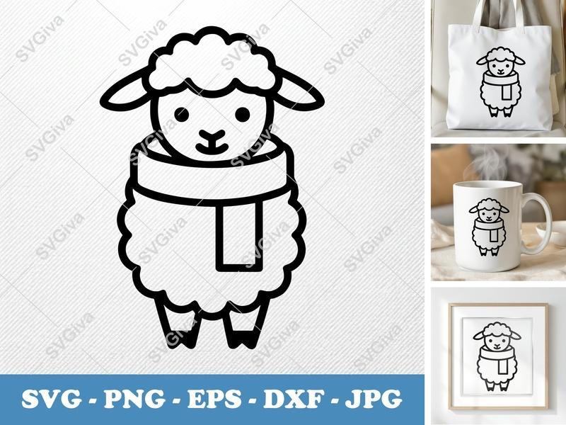 Lamb SVG, Scarf Lamb Minimalist Vector Cut File | PNG DXF EPS | Cricut Silhouette Design | Farm Animal Clipart