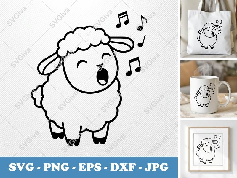 Lamb SVG Singing, Cute Sheep with Musical Notes Cut File | PNG EPS DXF for Cricut, Silhouette | Farm Animal Clipart