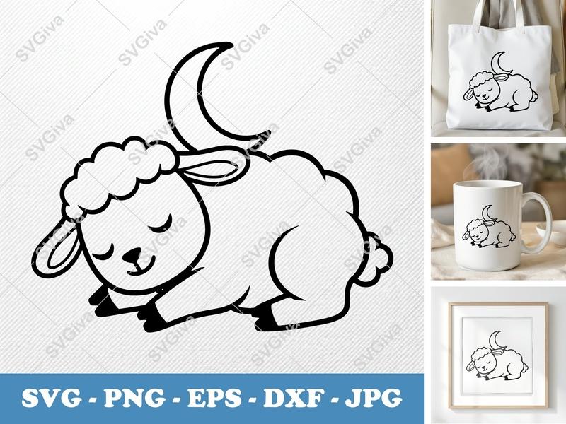 Lamb SVG, Sleeping Baby Lamb with Moon | Outline Clip Art, Nursery Decor, Cute Animal Digital Cut File for Cricut, Silhouette | PNG EPS DXF