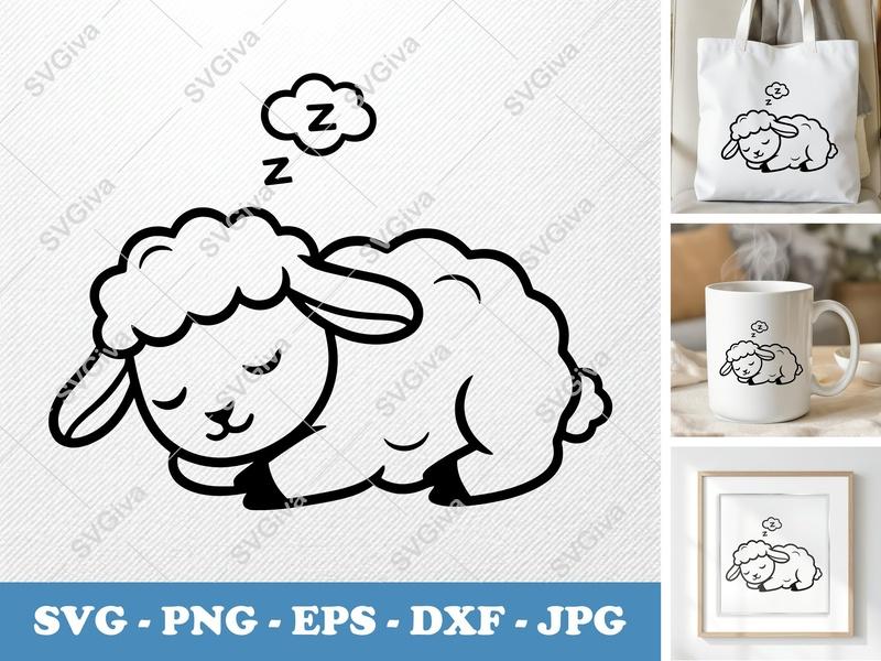 Lamb SVG Sleeping | Cute Sheep Zzz Cut File | Modern Nursery Animal Art | PNG EPS DXF for Cricut & Silhouette