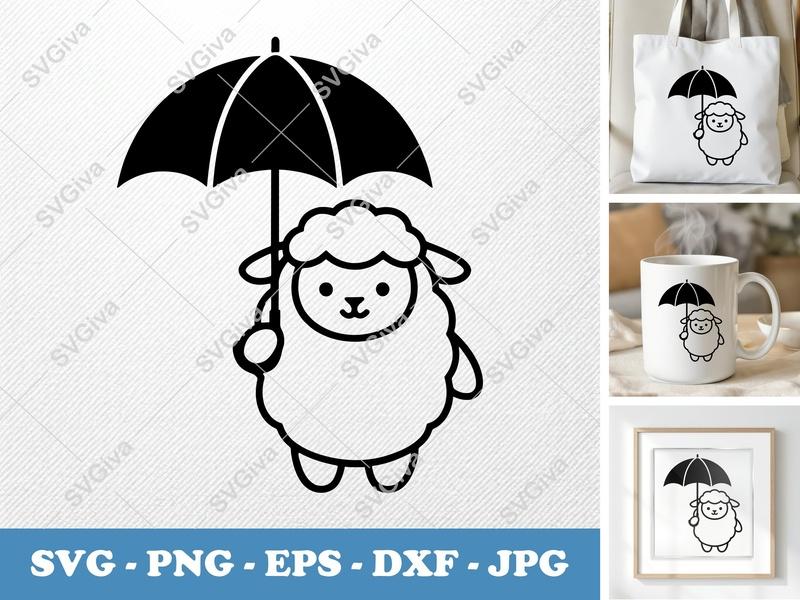 Lamb SVG, Umbrella Cut File, Cute Sheep Clipart, Baby Animal Vector, PNG EPS DXF for Cricut Silhouette, Nursery Decor