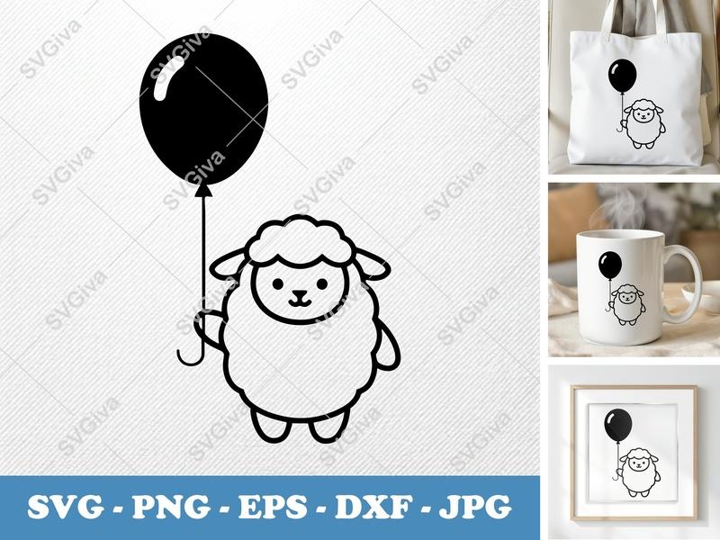 Lamb SVG with Balloon | Cute Sheep Cut File for Cricut, Silhouette | Modern Farm Animal Design | PNG, EPS, DXF Included