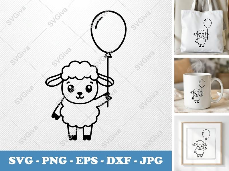 Lamb SVG with Balloon | Cute Sheep Cut File | Modern Farm Animal PNG EPS DXF for Cricut & Silhouette