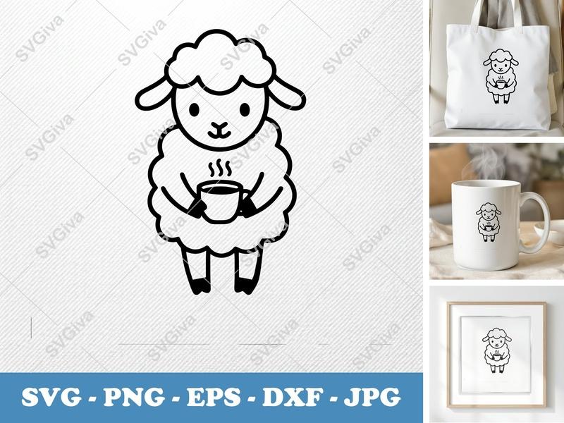Lamb SVG with Coffee Cup | Cute Farm Animal Clipart | Modern Design | PNG EPS DXF for Cricut, Silhouette