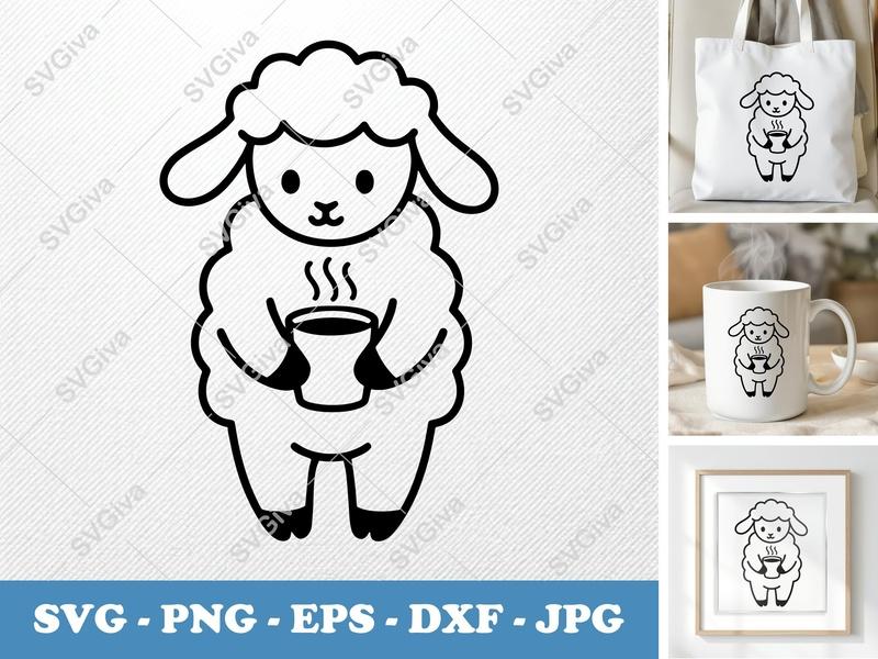 Lamb SVG with Coffee Cup | Cute Farm Animal Clipart, Modern Design | PNG EPS DXF for Cricut, Silhouette