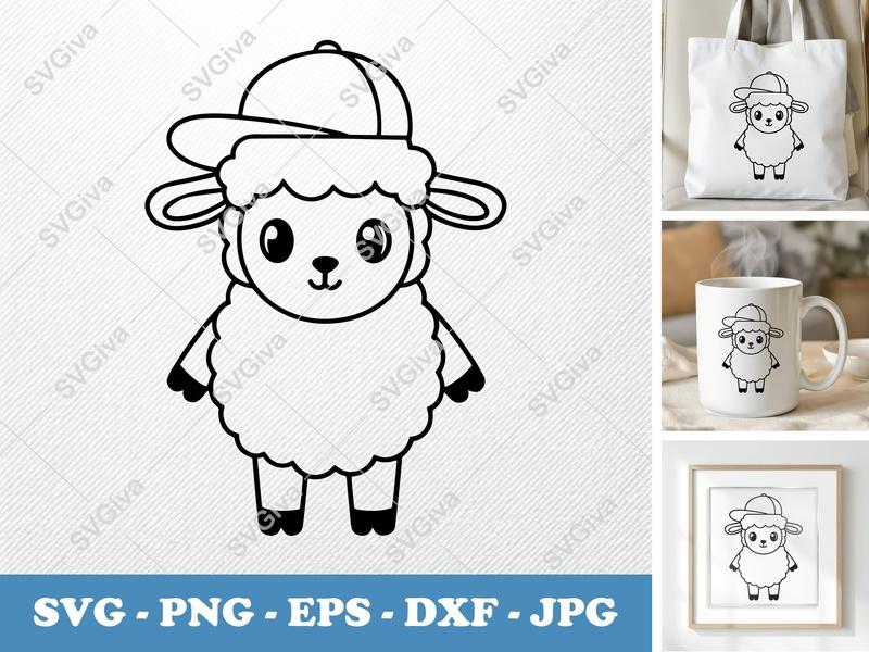 Lamb SVG with Hat | Cute Cartoon Sheep Cut File | PNG EPS DXF for Cricut & Silhouette | Modern Farm Animal Vector Art
