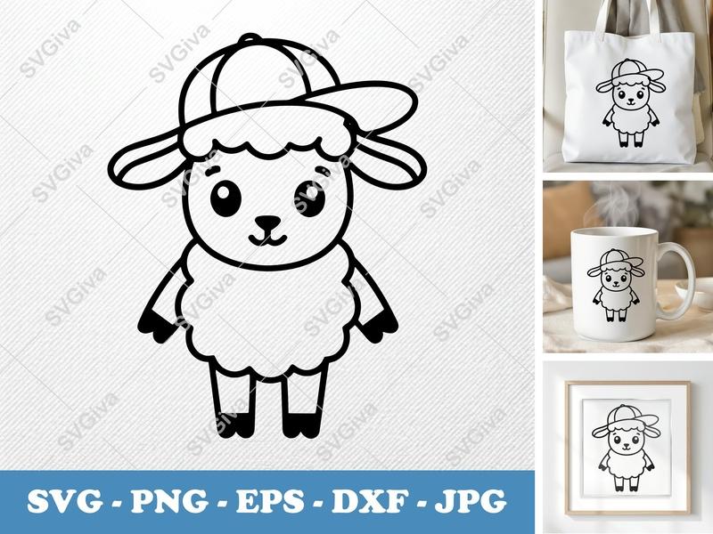 Lamb SVG with Hat | Cute Modern Sheep Cut File for Cricut, Silhouette | PNG EPS DXF Vector Clipart
