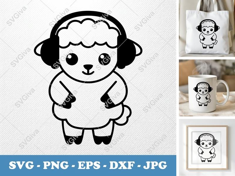 Lamb SVG with Headphones | Cute Sheep Cut File | Modern Design, Farm Animal | PNG EPS DXF for Cricut Silhouette