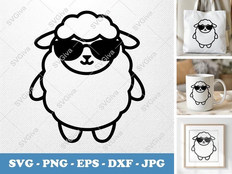 Lamb SVG with Sunglasses | Cool Sheep Cut File | Modern Animal Clipart for Cricut, Silhouette | PNG EPS DXF Vector