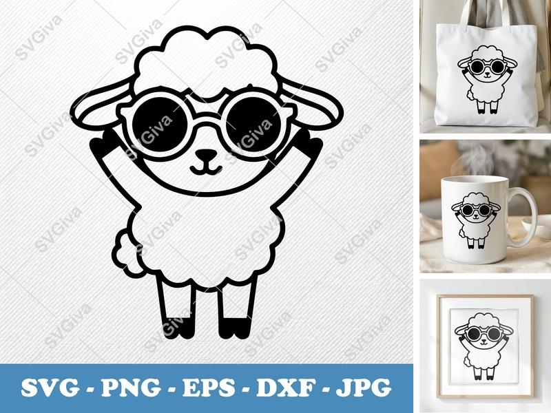 Lamb SVG with Sunglasses | Cute Sheep Clipart Cut File | Modern Animal Design for Cricut, Silhouette | PNG EPS DXF Vector