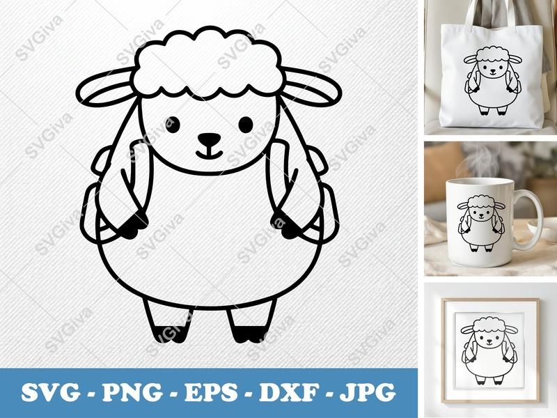 Lamb Wearing Backpack SVG | Friendly Bean-shaped Cut File | PNG DXF EPS | Cricut Silhouette Vector