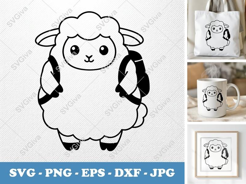 Lamb wearing backpack SVG, Puffy Pillow Shapes | PNG DXF EPS | Cricut Silhouette Cut File, Cute Animal