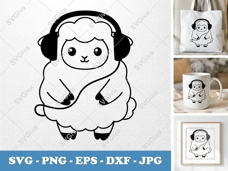 Lamb Wearing Headphones SVG | Puffy Cartoon Sheep Cut File | PNG DXF EPS for Cricut Silhouette Vinyl Decal