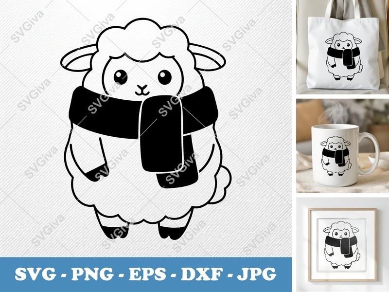 Lamb Wearing Scarf SVG | Puffy Soft Forms | Kawaii Winter Animal PNG DXF EPS | Cricut Silhouette File
