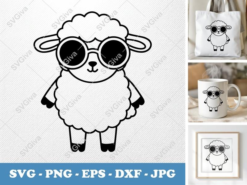 Lamb wearing Sunglasses SVG | Friendly Rounded Body Bean Shape Art | PNG DXF EPS | Cricut Silhouette File