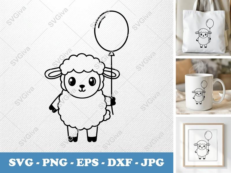 Lamb with Balloon SVG | Friendly Bean-Shaped Cut File | Rounded Body Design for Cricut & Silhouette | PNG DXF EPS