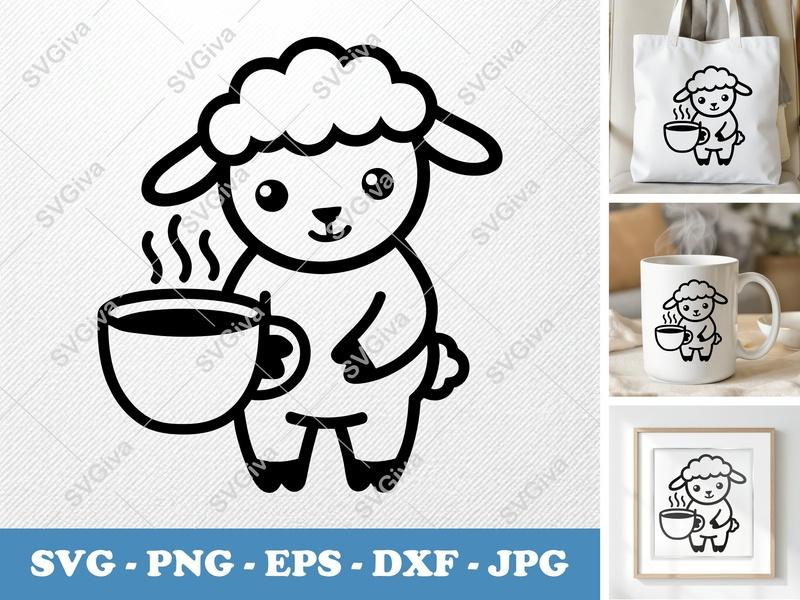 Lamb with Coffee Cup SVG | Cute Animal Cut File PNG DXF EPS Cricut Silhouette