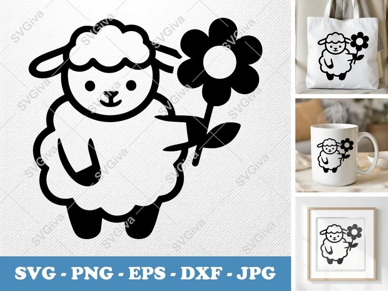 Lamb with Flower SVG | Cute Sheep Clipart PNG EPS DXF | Farm Animal Vector for Cricut & Silhouette | Modern Baby Design