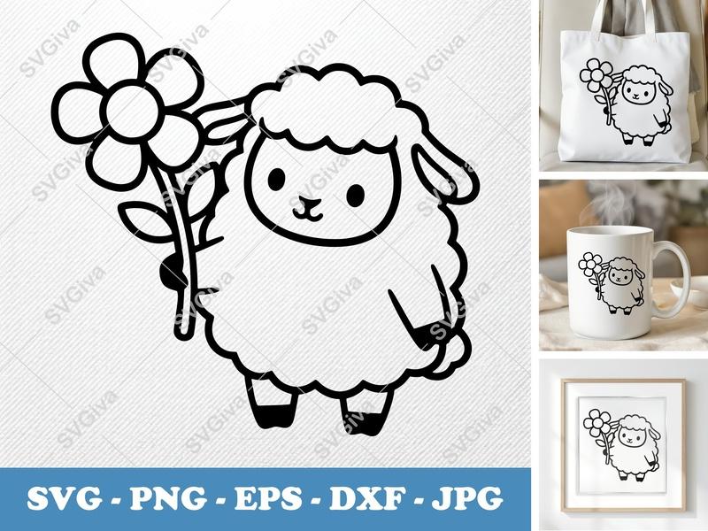 Lamb with Flower SVG | Puffy Cartoon Lamb Cut File | Pillow-Soft Shapes | PNG DXF EPS for Cricut & Silhouette
