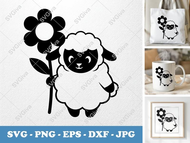 Lamb with Flower SVG | Puffy Soft Shapes | Inflated Pillow-Soft Design | PNG DXF EPS | Cricut Silhouette Cut File
