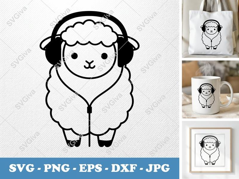 Lamb with Headphones SVG PNG EPS DXF | Cute Music Sheep Cut File for Cricut Silhouette