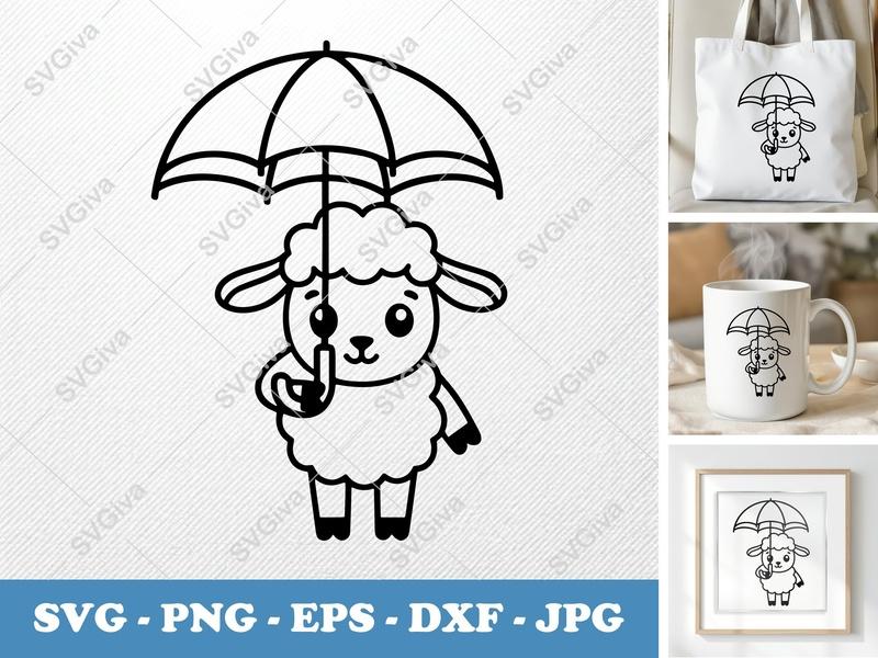 Lamb with Umbrella SVG | Cute Sheep Outline PNG, EPS, DXF | Cricut & Silhouette Cut File | Modern Animal Clipart
