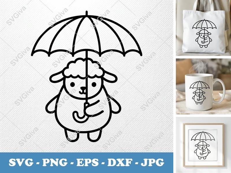 Lamb with Umbrella SVG, Cute Sheep PNG EPS DXF for Cricut | Silhouette, Baby Shower Cut File, Modern Farm Animal Clipart
