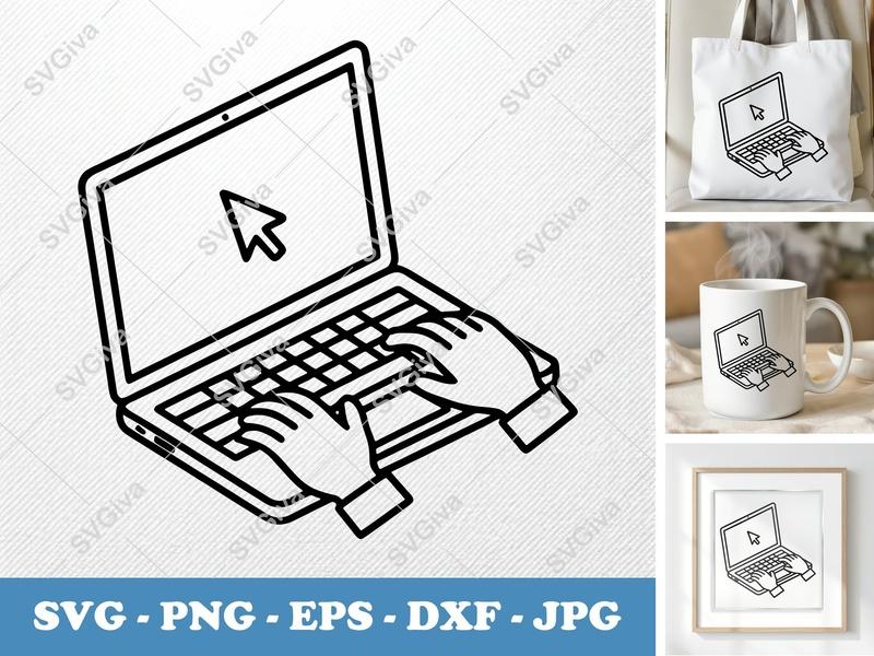 Laptop in active use SVG | Hands Typing, Cursor, Double Outline Art | PNG EPS DXF for Cricut Silhouette