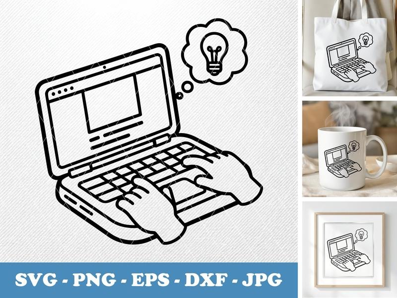 Laptop in active use SVG, PNG, EPS, DXF | Rounded Computer with Hands Typing, Idea Bulb, Cricut, Silhouette File