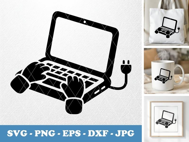 Laptop in active use SVG | Puffy Soft Design, Hands Typing, Plugged In | PNG EPS DXF for Cricut Silhouette
