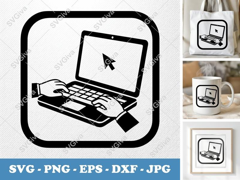 Laptop in active use SVG, Typing Hands Icon, Computer Work, Minimal Bold Frame PNG EPS DXF for Cricut Silhouette