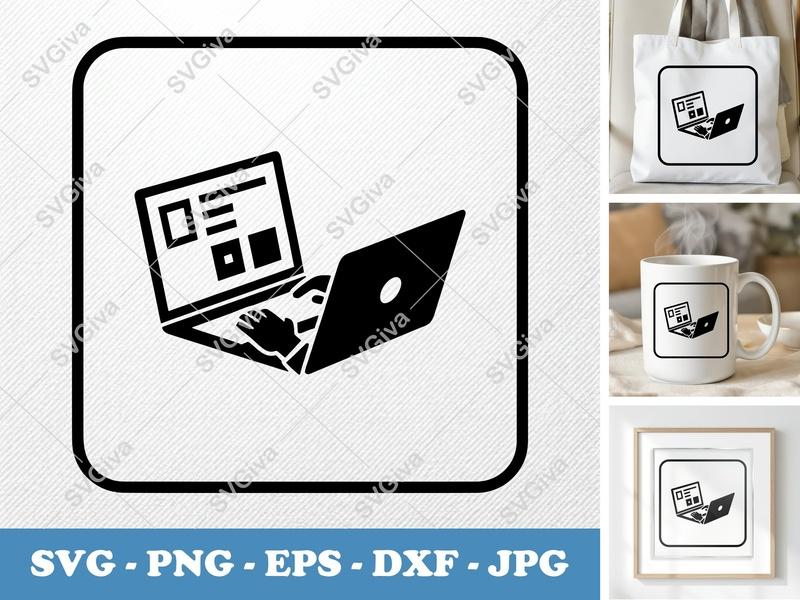 Laptop SVG, Modern Minimal Computing Icon, Hands Typing, Digital Download PNG EPS DXF for Cricut & Silhouette