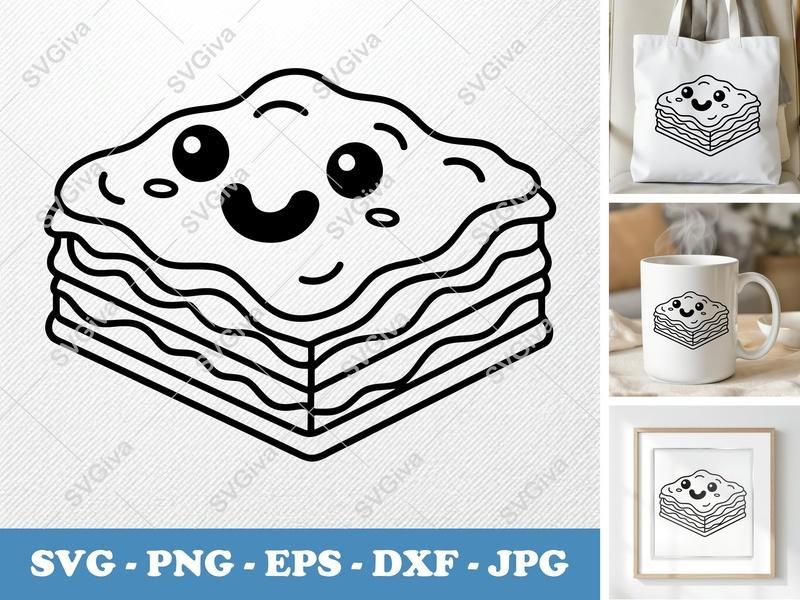 Lasagna SVG | Kawaii Food Clipart, Cute Lasagna Outline, PNG EPS DXF for Cricut, Silhouette, Funny Kitchen Decor