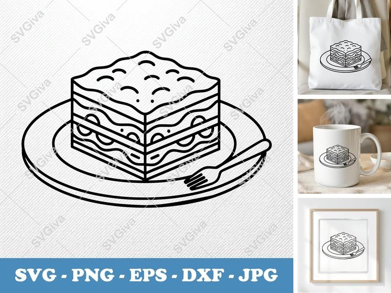 Lasagna SVG | Minimalist Food Vector | Bold Black Outline EPS, PNG, DXF | Cricut Silhouette Kitchen Cut File