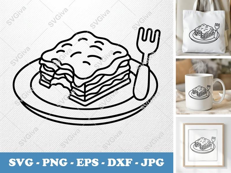 Lasagna SVG | Modern Food Outline Cut File | PNG EPS DXF for Cricut, Silhouette | Kitchen Clipart, Dinner