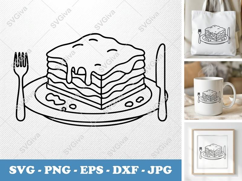 Lasagna SVG, Modern Plate with Fork and Knife, Food Clip Art, PNG, EPS, DXF for Cricut & Silhouette, Kitchen Decor