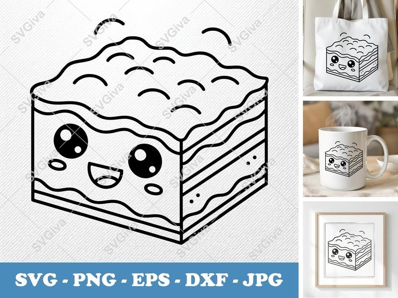 Lasagna with smiling face SVG | Kawaii Kitchen Cut File | Bold Minimalist Vector PNG DXF EPS for Cricut Silhouette