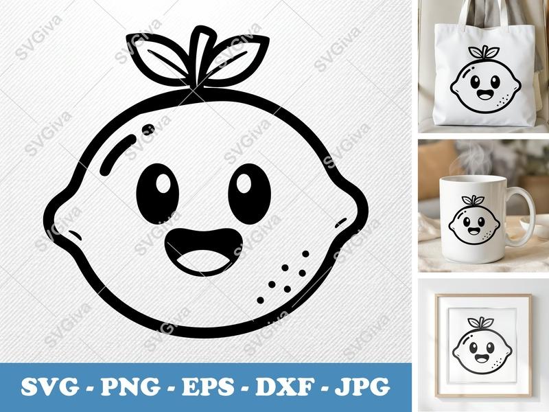 Lemon Kawaii SVG | Cute Fruit Outline PNG EPS DXF | Cricut Silhouette Cut File | Modern Clean Design Vector Clipart