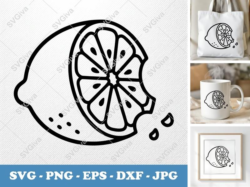 Lemon SVG, Bitten Half Slice, Modern Citrus Outline | PNG EPS DXF | Cricut Silhouette Cut File, Fruit Clip Art