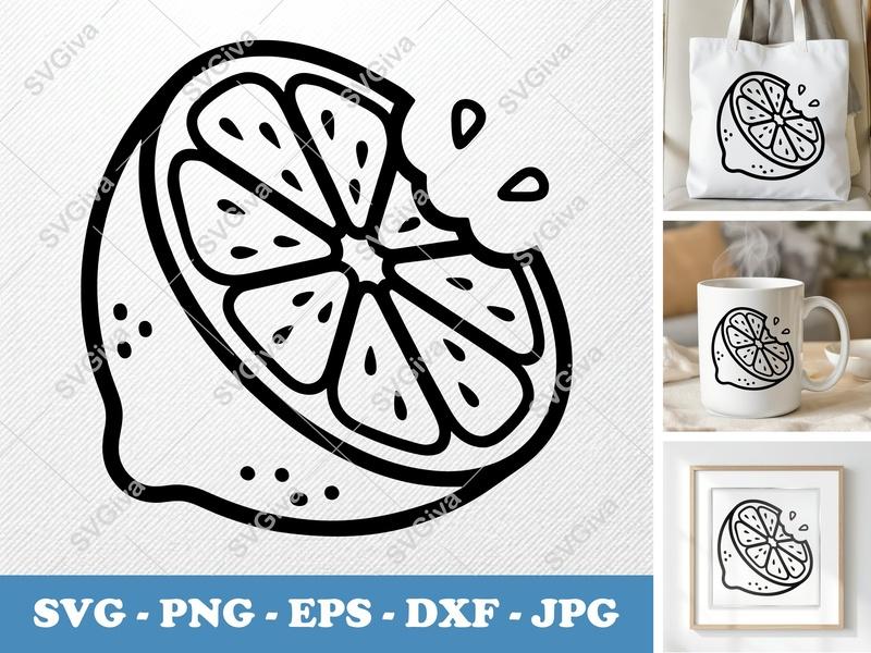 Lemon SVG | Half Lemon Outline, Modern Fruit Slice Design | PNG EPS DXF for Cricut & Silhouette, Kitchen Decor, Citrus