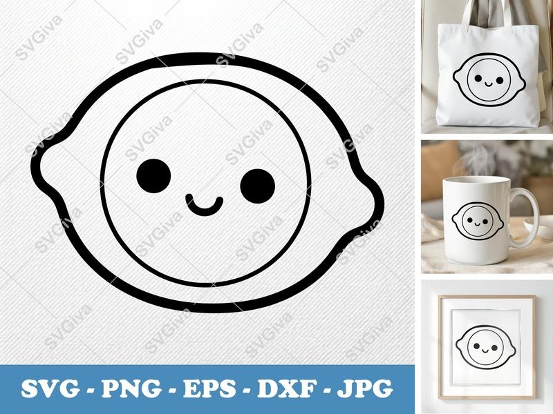 Lemon SVG | Kawaii Cute Fruit Outline, Happy Face Design | PNG EPS DXF for Cricut & Silhouette, Modern Vector Art