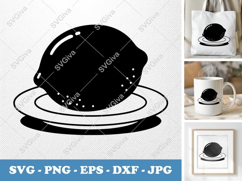 Lemon SVG, Minimalist Citrus Fruit on Plate Cut File | PNG EPS DXF for Cricut, Silhouette | Kitchen Decor Vector