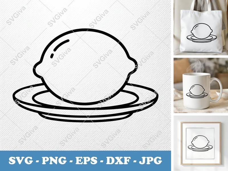 Lemon SVG | Modern Clean Outline Design on Plate | PNG EPS DXF for Cricut & Silhouette | Fruit Kitchen Art Cut File
