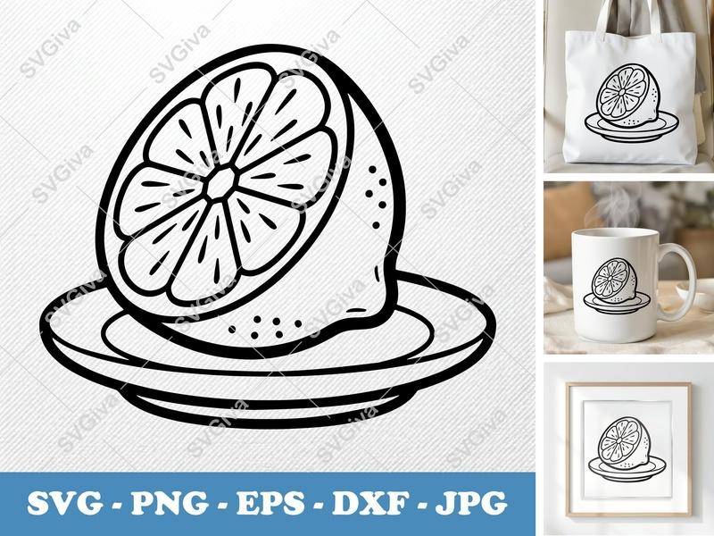 Lemon SVG | Modern Half Lemon on Plate Cut File | Outline Fruit PNG, EPS, DXF for Cricut & Silhouette