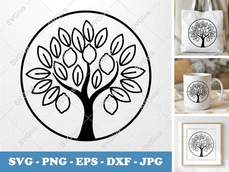 Lemon Tree SVG | Modern Circle Outline | Fruit Citrus Design | PNG EPS DXF for Cricut & Silhouette