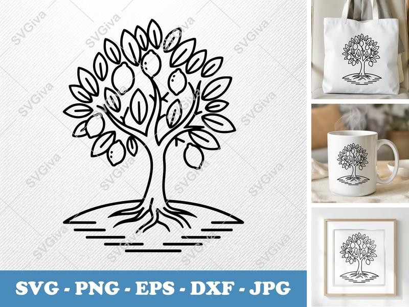 Lemon Tree SVG | Modern Clean Outline Design | PNG EPS DXF | Cricut Silhouette Cut File | Citrus Fruit | Kitchen Decor