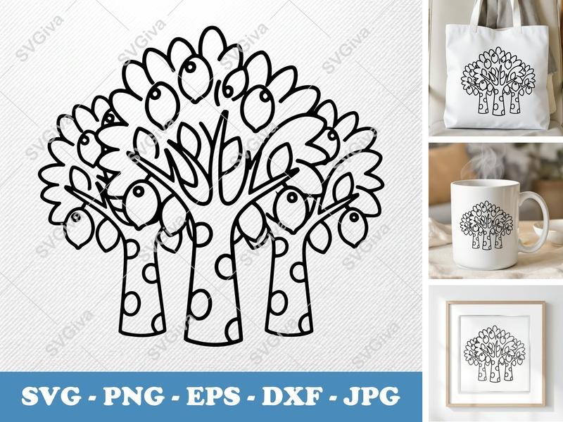 Lemon Tree SVG, Modern Fruit Tree Cut File, Outline Graphic, PNG, EPS, DXF for Cricut & Silhouette, Kitchen Decor Clipart